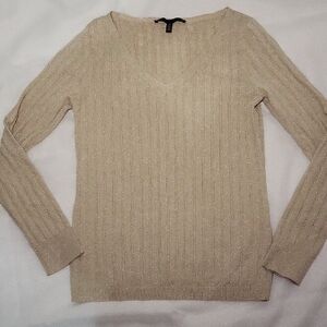 White House Black Market Beige With Gold Metalic Ribbed V-Neck Sweater